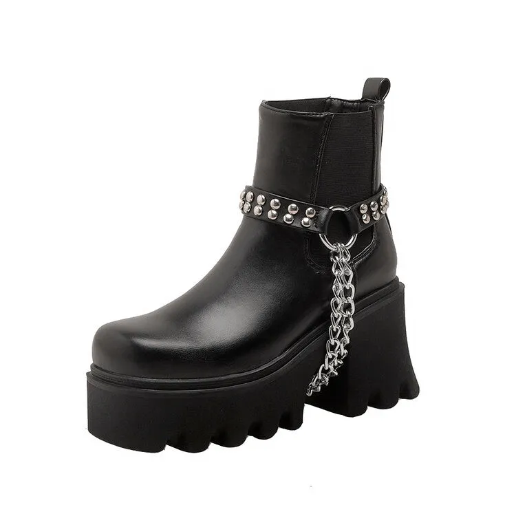 Women's Pu Leather Round Toe Metal Chains Rivets Straps Block Chunky Heel Platform Ankle Boots