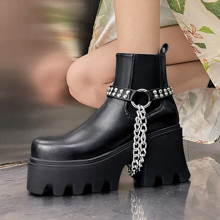 Women's Pu Leather Round Toe Metal Chains Rivets Straps Block Chunky Heel Platform Ankle Boots