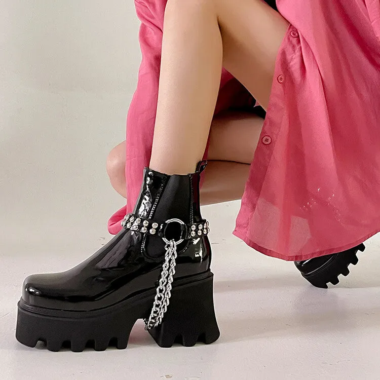 Women's Pu Leather Round Toe Metal Chains Rivets Straps Block Chunky Heel Platform Ankle Boots