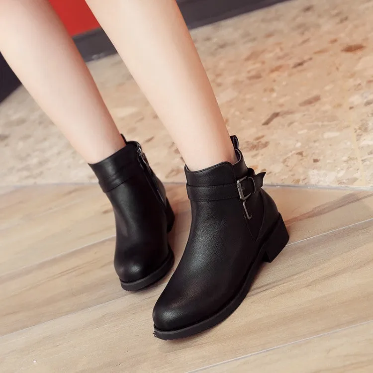 Women's Pu Leather Round Toe Side Zippers Buckle Straps Block Chunky Heel Ankle Boots