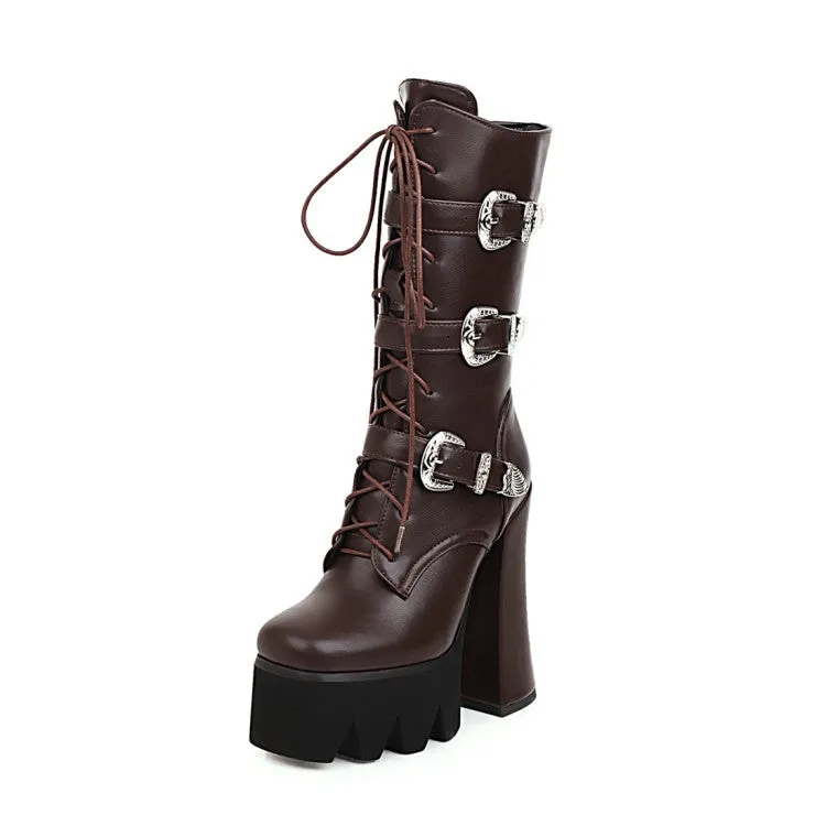 Women's Pu Leather Square Toe Lace Up Buckle Straps Block Chunky Heel Platform Mid-calf Boots