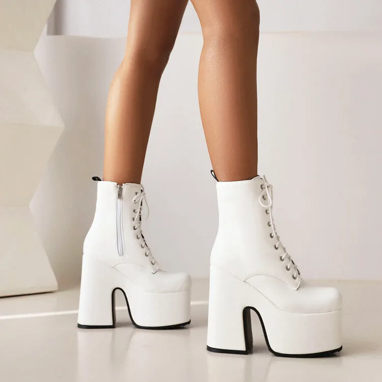 Women's Pu Leather Square Toe Lace Up Side Zippers Block Chunky Heel Platform Short Boots