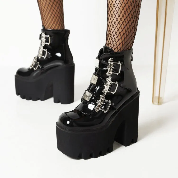 Women's Pu Leather Square Toe Metal Rivets Buckle Straps Block Chunky Heel Platform Ankle Boots