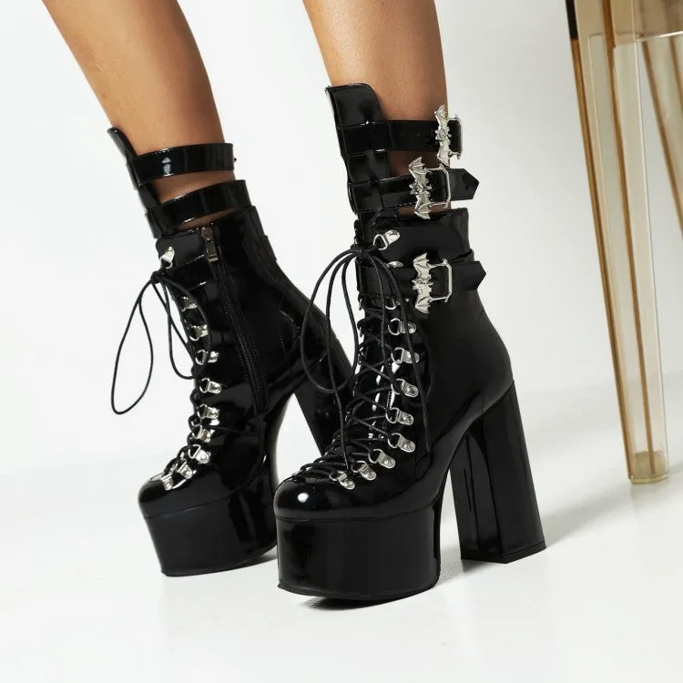 Women's Pu Leather Square Toe Rivets Lace Up Buckle Straps Block Chunky Heel Platform Ankle Boots