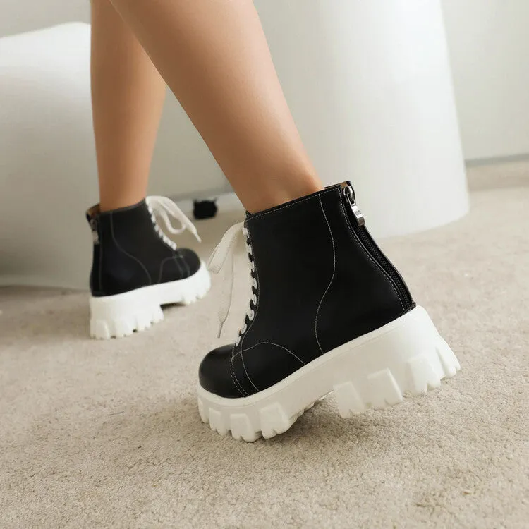 Women's Round Toe Lace Up Back Zippers Block Chunky Heel Platform Short Boots