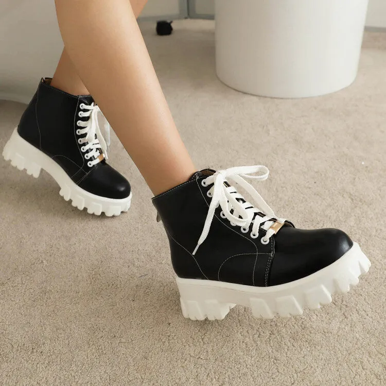 Women's Round Toe Lace Up Back Zippers Block Chunky Heel Platform Short Boots