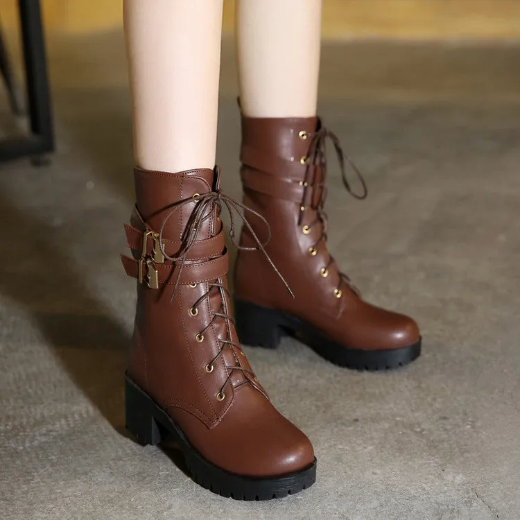 Women's Round Toe Lace Up Buckle Straps Block Chunky Heel Platform Short Boots