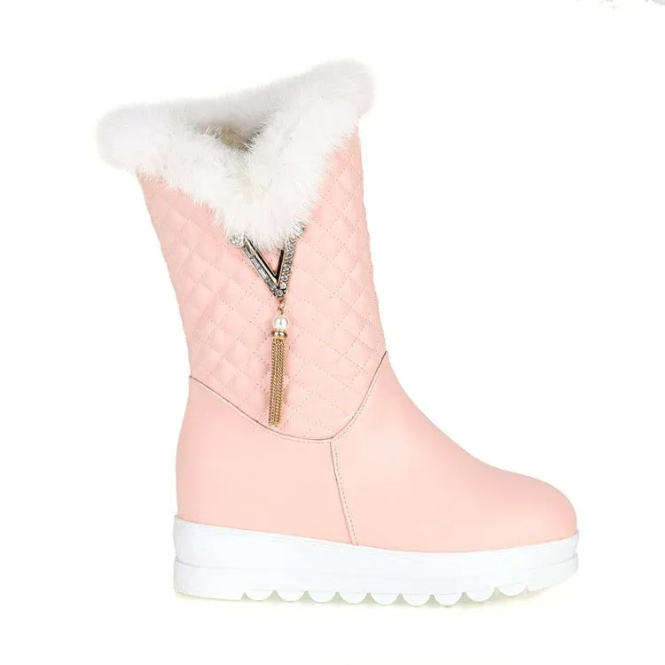 Women's Round Toe Pearls Tassel Furry Side Zippers Platform Wedge Heel Mid-Calf Snow Boots