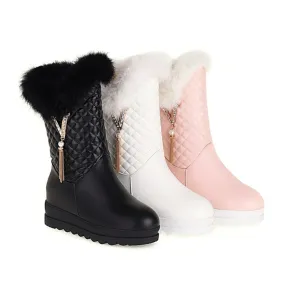 Women's Round Toe Pearls Tassel Furry Side Zippers Platform Wedge Heel Mid-Calf Snow Boots