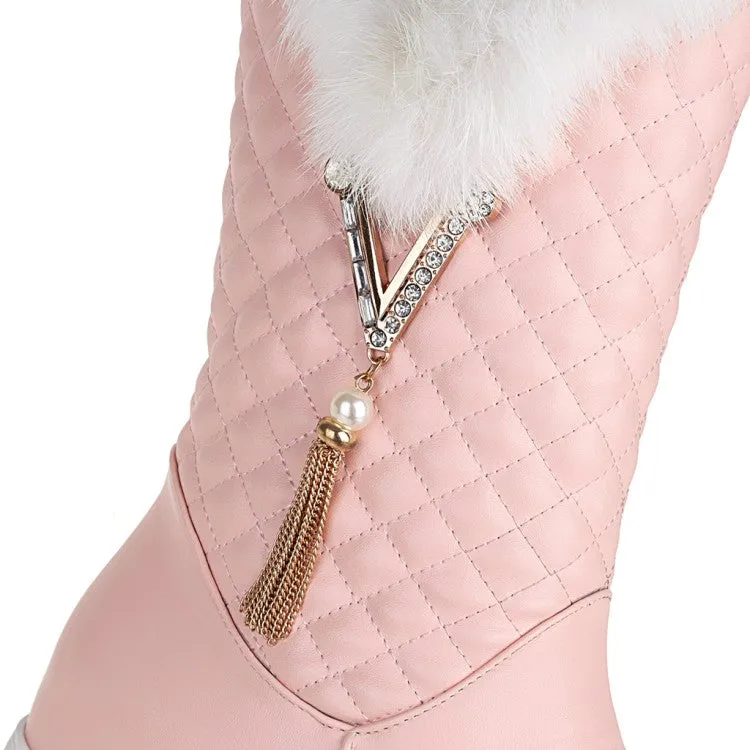 Women's Round Toe Pearls Tassel Furry Side Zippers Platform Wedge Heel Mid-Calf Snow Boots