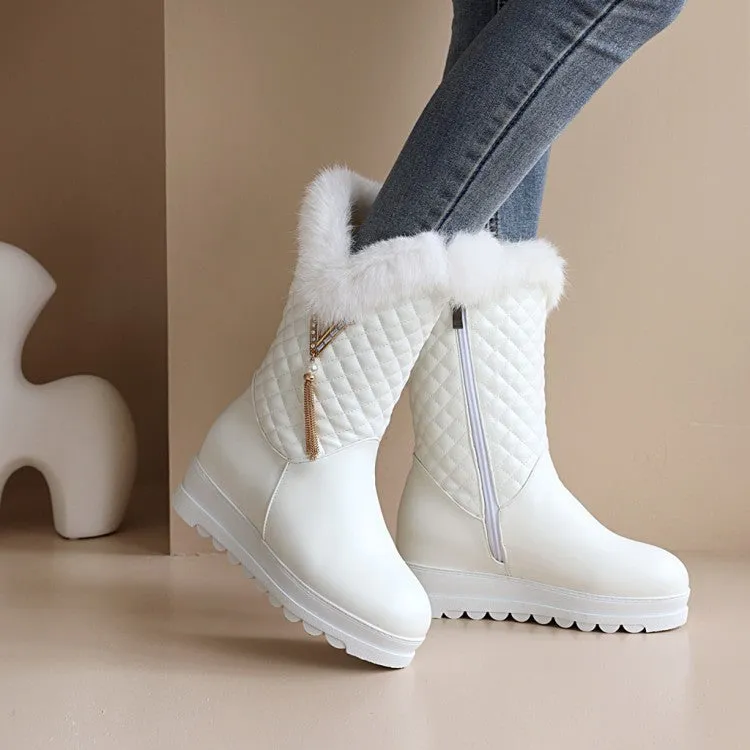 Women's Round Toe Pearls Tassel Furry Side Zippers Platform Wedge Heel Mid-Calf Snow Boots