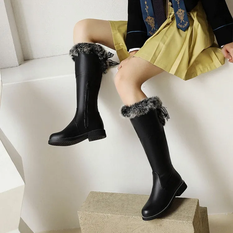 Women's Side Zippers Fur Chunky Heel Knee-High Boots