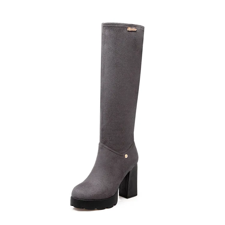 Women's Side Zippers Round Toe Chunky Heel Platform Knee-High Boots