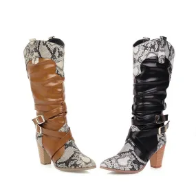 Women's Snake-print Patchwork Buckle Straps Block Chunky Heel Pointed Toe Mid-Calf Boots