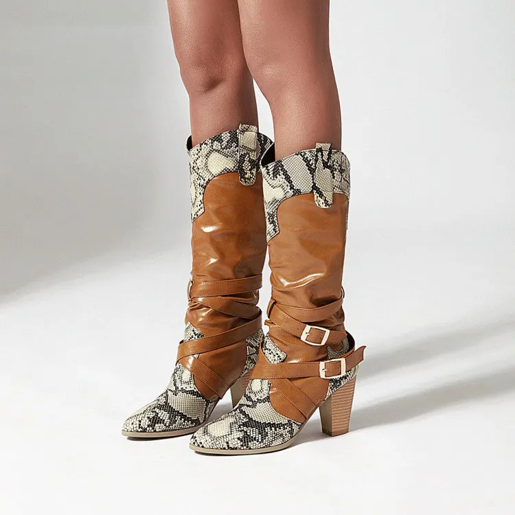 Women's Snake-print Patchwork Buckle Straps Block Chunky Heel Pointed Toe Mid-Calf Boots