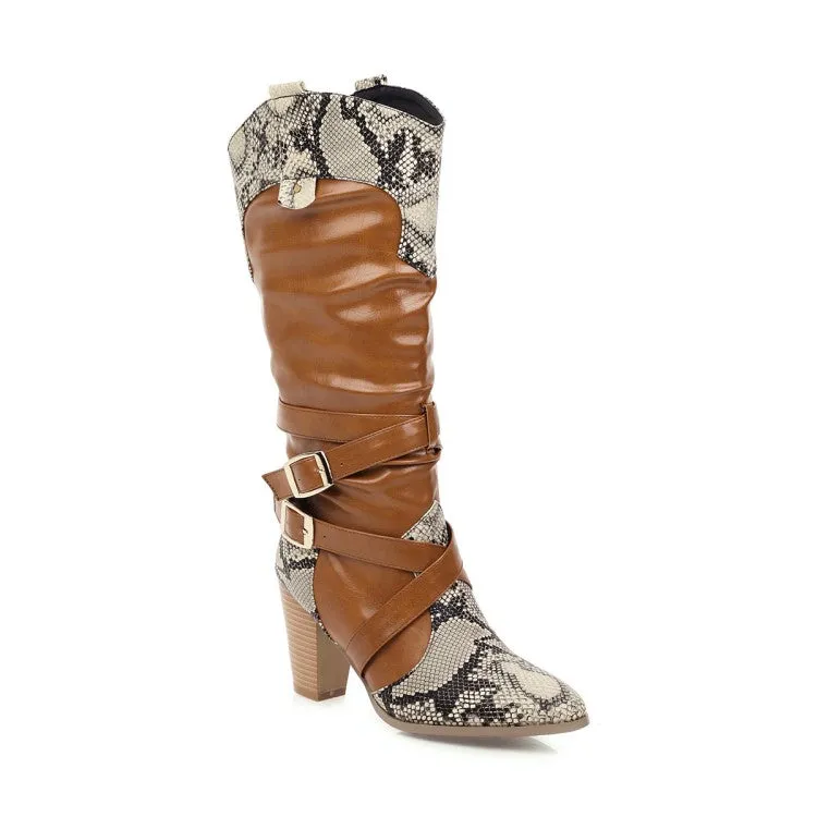 Women's Snake-print Patchwork Buckle Straps Block Chunky Heel Pointed Toe Mid-Calf Boots