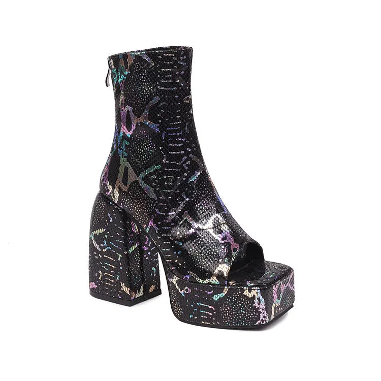 Women's Snake Printed Open Toe Side Zippers Block Chunky Heel Platform Ankle Boots