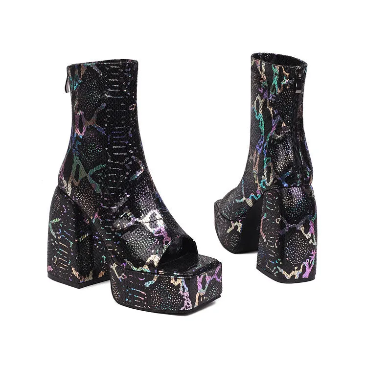 Women's Snake Printed Open Toe Side Zippers Block Chunky Heel Platform Ankle Boots