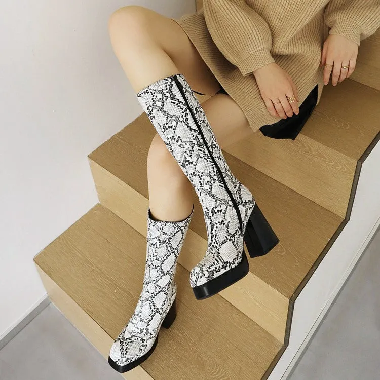 Women's Snake Printed Square Toe Side Zippers Block Chunky Heel Platform Mid-Calf Boots