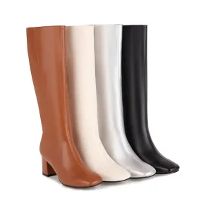 Women's Square Toe Side Zippers Chunky Heel Knee-High Boots