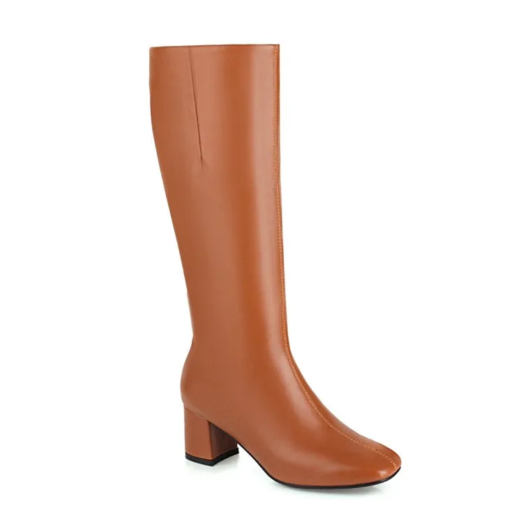 Women's Square Toe Side Zippers Chunky Heel Knee-High Boots