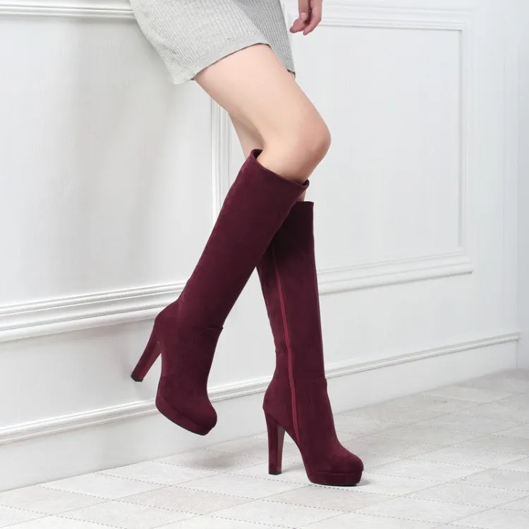 Women's Zippers Round Toe Chunky Heel Platform Knee-High Boots